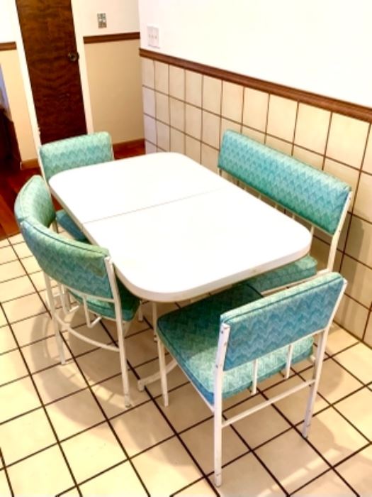Gorgeous Vintage 1950s Formica Table with 2 Chairs, a Bench, and a Corner Chair. Table comes with one leaf.