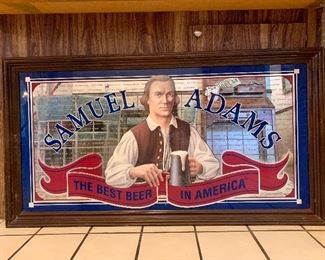 1996 BOSTON BEER SAM ADAMS BAR MIRROR FRAMED, ETCHED, RARE! Measures 28” x 52”.