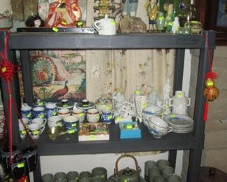 Rec Room:  Japanese and Chinese Pieces-Cups, Saucers, Doll, Hakata Man (Damaged) Korean Vase.