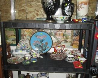 Rec Room:  Chinese Black Vases, Japanese Cups, Saucers, Small Baskets, Glasses