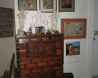 Rec Room:  Japanese Cabinet (Missing 2 Drawers),  3 Figures