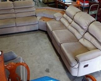 Tan Upholstered 3 Piece Sectional Couch with Recliner and Hide A Bed