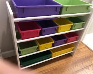 Storage bins on rack - great for crafts, toys, storage