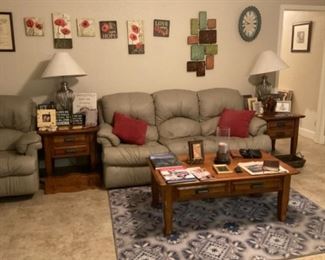 Leather Sofas, solid wood coffee table and end tables