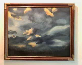 Custom Wood and Brass Framed Original Painting, about 24' Wide (including Frame)