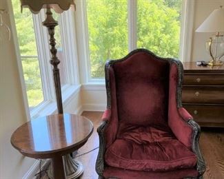 Carved wood and red upholstery wing chair ( 2 chairs) by E.J. Victor. 