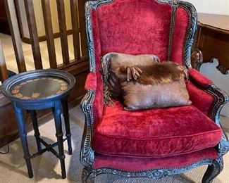 Carved wood and red upholstery wing chair ( 2 chairs) by E.J. Victor. 
