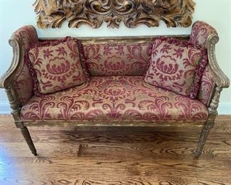 Upholstered tapestry and wood carved bench.  Sweet piece.