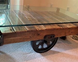 Antique furniture factory cart (glass top added for coffee table)