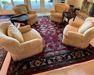 Upholstery rocker chairs by Pearson, 3-sided end tables with barley twist legs, 8 x 11 hand knotted rug
