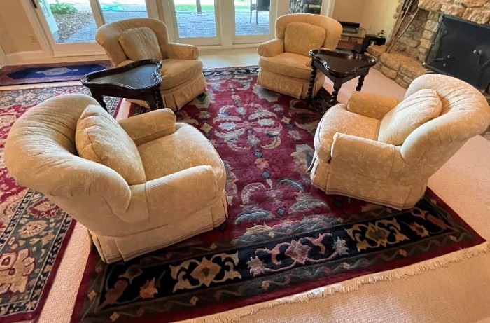 Upholstery rocker chairs by Pearson, 3-sided end tables with barley twist legs, 8 x 11 hand knotted rug