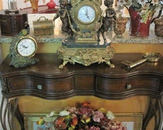 French style clocks and side table. Many decor items. 