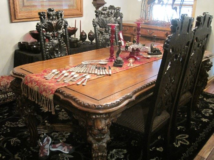 Fabulous Toscano Dining Room Set , table and 6 chairs , featuring heavily carved Griffins, Lions and North Wind details.