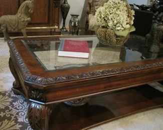 Carved Glass Topped Coffee table. 