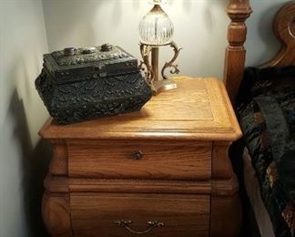 A pair of Oak Nightstands. Table Lamps. Jeweled Box.