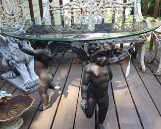 3 Angel/Putti and Glass Topped Table.