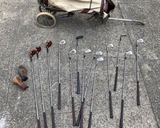 sam snead golf clubs (irons and woods) and leather caddy
