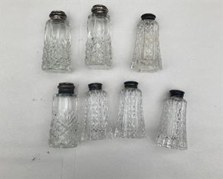 crystal and glass salt and pepper shaker sets, some with mother-of-pearl caps