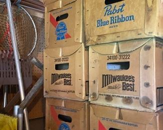 Stacks of vintage beer boxes