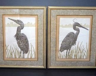 Relief Images Of Cranes On Textured Paper, Qty 2, Signed By Artist L Pandy, Artist Proofs, Double Matted, Framed, Under Glass, 35.5" W x 43" H
