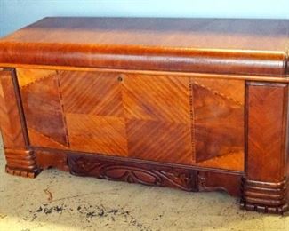 Vintage Chest With Hinged Lid, Compartmented Tray, Decorative Front, Push Button Lock (Opens Without Key, But No Key Included), 23" H x 47.5" W x 18.5
