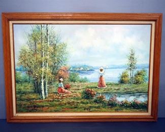 Buck Paulson Original Painting On Canvas Of Women By Lake, Framed, 41.25" W x 29.5" H