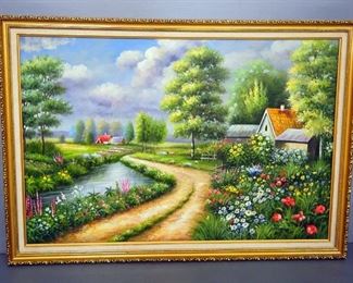 Original Painting On Canvas Of Cottage Scene By Wittier, 39.5" W x 28" H