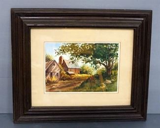 Original Watercolor Of Barn Scene, Artist Name Undeciphered, Framed, Matted, Under Glass, 24" W x 20" H