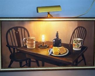 Myrtle Masters Original Painting On Canvas Of Table With Overhead Frame Light (Powers On), 38.5" W x 20.5" H