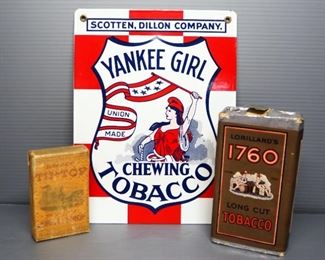 1940s Yankee Girl Chewing Tobacco Enameled Porcelain Sign And Vintage Tobacco