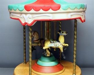 Carousel Waltz Music Box With Ceramic Canopy And Horses, Horses Move When Playing, Approx 16" High x 12" Diameter