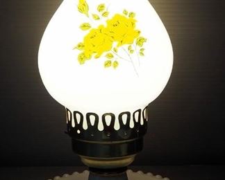 Milk Glass Table Lamp With Yellow Rose Design On Hurricane Shade, Powers On