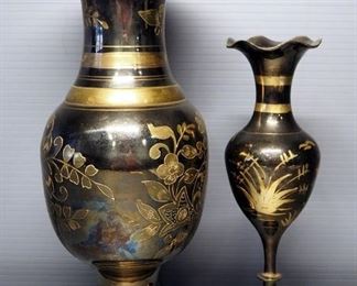 Solid Brass Urn Vases With Etched Designs, Qty 2