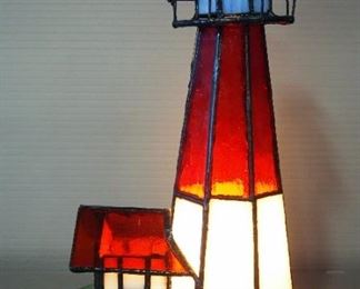 Stained Glass Lighthouse Table Lamp, Powers On