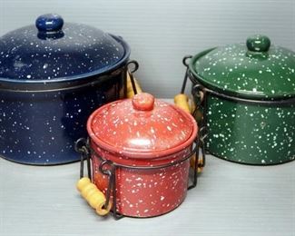 Speckleware Ceramic Jars With Lids And Metal Carry Racks With Fold-Down Handles, Various Sizes, Qty 3