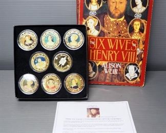 Tudor Commemorative Series 24K Gold-Finished Medallions Commemorating Henry VIII And His 6 Wives (8 Total Coins) And Book The Six Wives Of Henry VIII