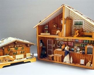 Swiss Log Cabin Music Box With Flip Top Lid To Storage Area, Plays Brahms Lullaby, And Wall Hanging Wood General Store