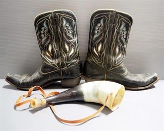 Acme Tooled Leather Boots And Powder Horn With Leather Strap