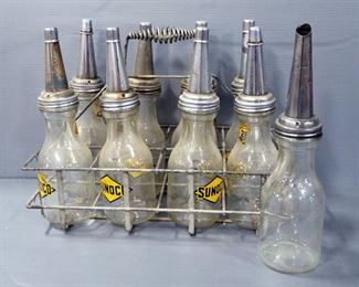 Sunoco Branded Vintage Glass 1 qt Oil Bottles, Qty 9 And Metal Carry Rack