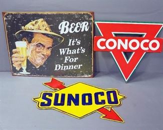 Conoco, Sunoco, And Beer Tin Repro Tin Signs, Widths Range 12.5" - 16", Total Qty 3