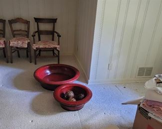Red painted saucers/footbath-type bowls: small one is 8" high x 22" diameter, large one is 8" high x 31" diameter