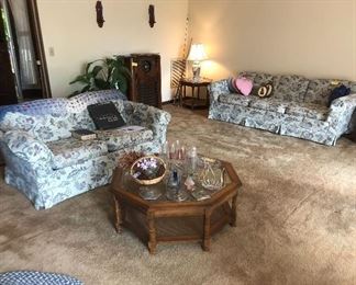 sofa, loveseat, coffee table, end table, lamps
