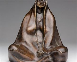 BRONZE OF A WOMAN, FRANCISCO ZUNIGA. Mexico, 1912-1998. Signed near base. Woman wearing a shawl, seated on a plinth. Threaded holes for attachment to base. 16"h. 10.5"w. 8.75"d.