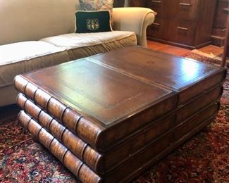Theodore Alexander Oversized stack of books, wood coffee table with drawers 
