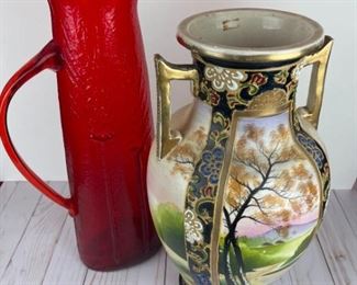 2 Large Vases Depression Glass Asian Themed Vase