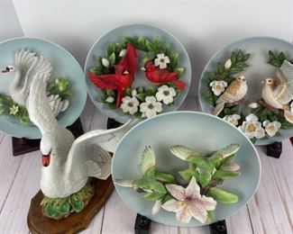 Porcelain Seymour Mann Bird Plates and Swan Figurine