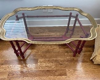 faux bamboo coffee table with heavy brass and glass tray top. 4’ x 33” x 17-1/2” H