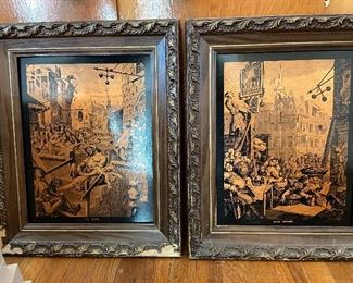 Beer street and Gin lane copper carvings 