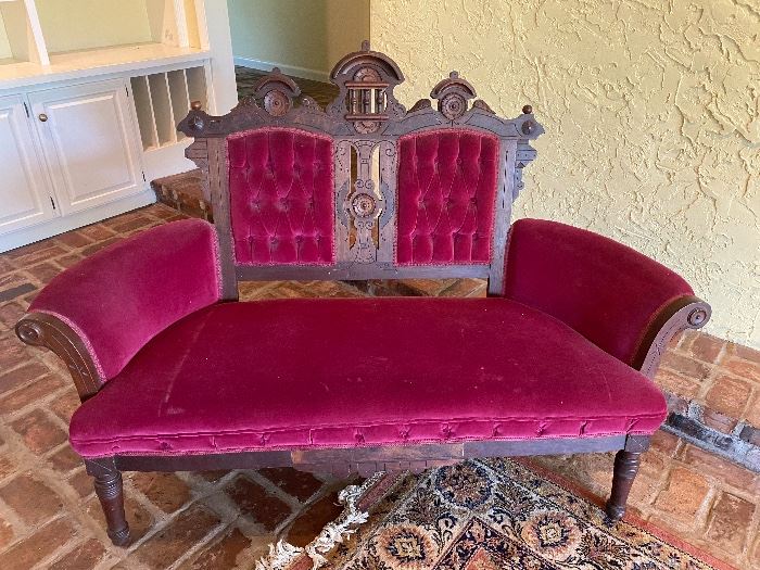 Victorian Eastlake Style Settee. Original Upholstery. 