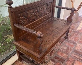 Carved Tiger Oak Bench. Late 1800’s. 
